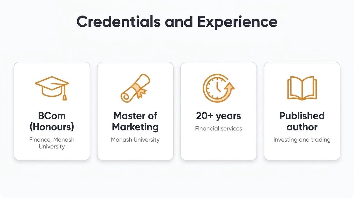 Justin Grossbard's credentials: Bachelor of Commerce (Honours) in Finance and Master of Marketing from Monash University, 20+ years in financial services, published author