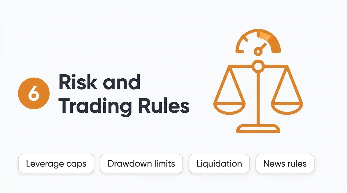 What we check when scoring risk and trading rules: leverage caps, drawdown limits, liquidation and news rules
