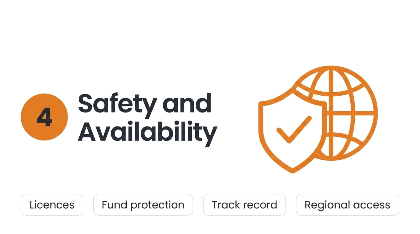 What we check when scoring safety and availability: licences, fund protection, track record and regional access