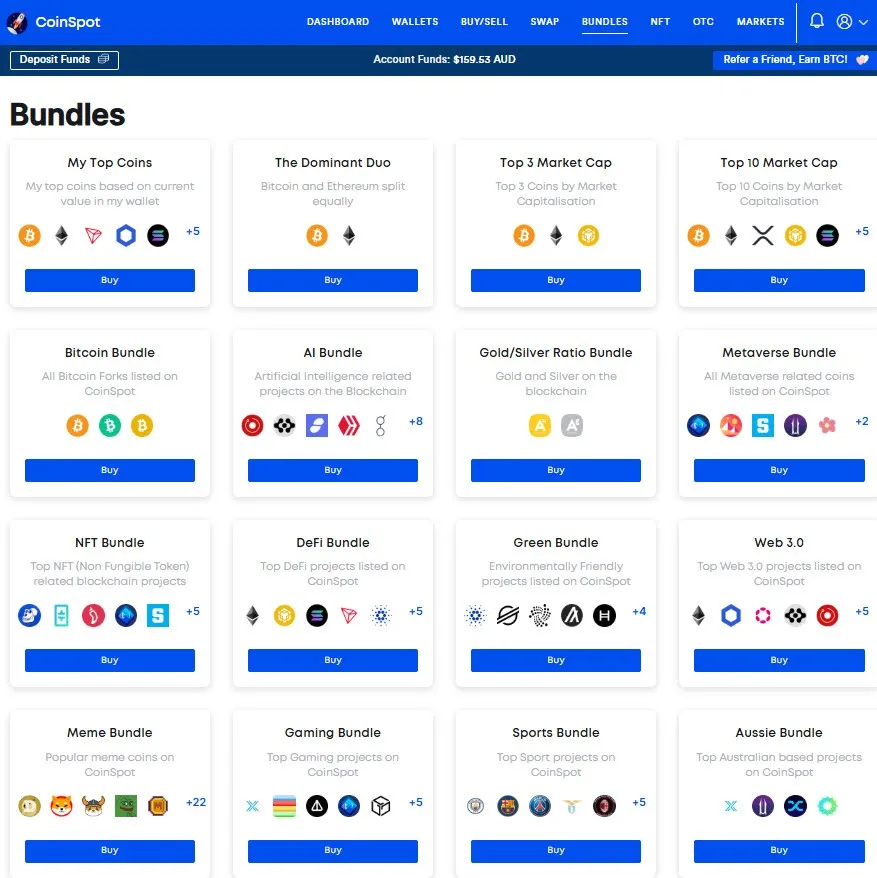 CoinSpot Bundles page showing curated crypto baskets